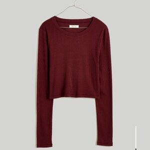Madewell Fine Ribbed Cropped Crewneck Long-Sleeve Tee — Burgundy — Small